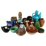 Various Studio and Art pottery jugs and vases, including Branham, a blue glazed coffee pot on 3