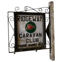 A Vintage advertising sign for Ridgeway Caravan Club, "Phone Nunney 465", in a wood and scrolled
