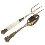 A silver King's pattern design teaspoon, and a silver and mother-of-pearl handled bread fork, length