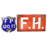2 Vintage enamel signs, to include a shield-shape blue enamel sign, FP 120 Feet, width 20cm, and a