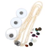 A modern triple-strand freshwater pearl necklace, various gemstones including turquoise, coins etc