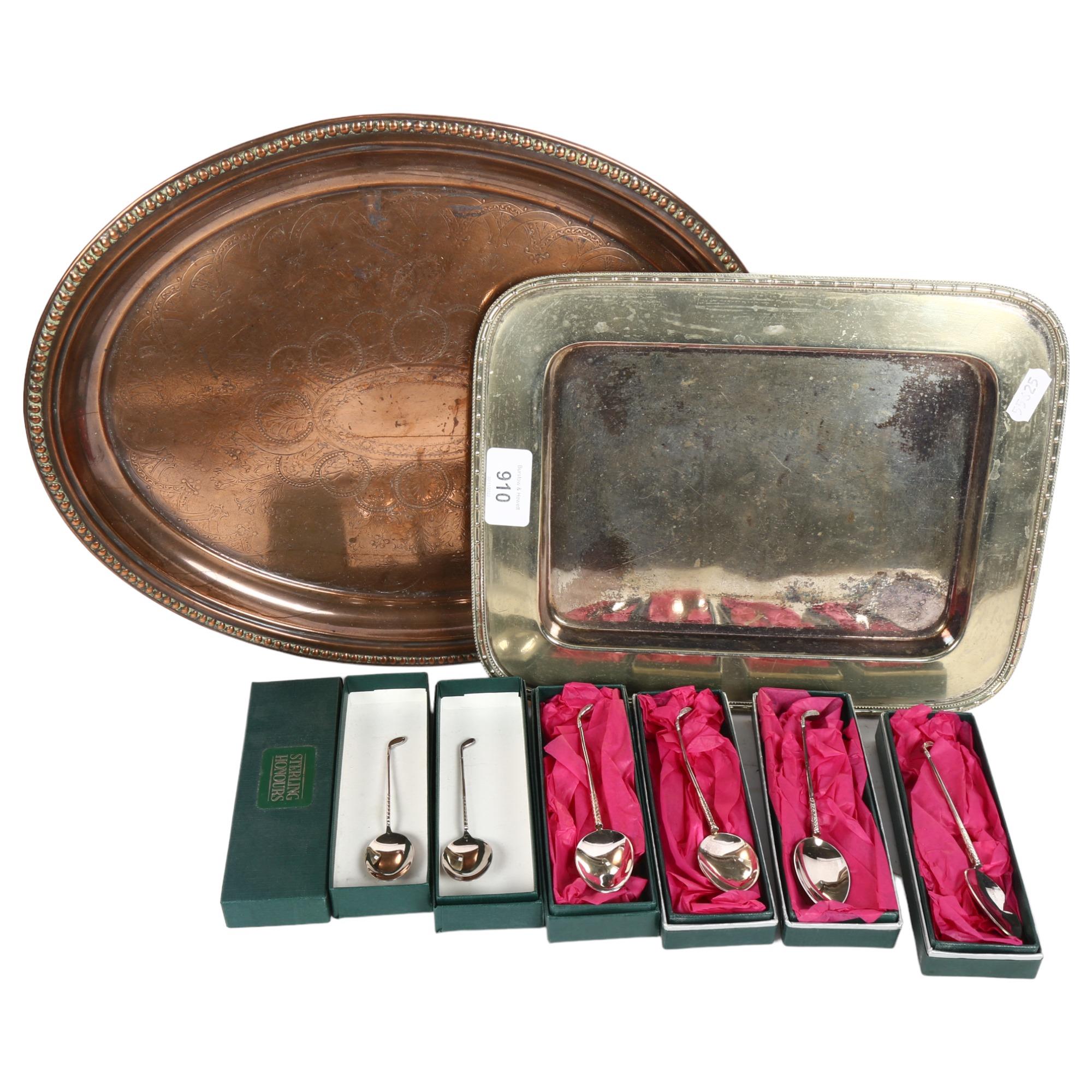 A set of 6 modern silver teaspoons, with golf club handles, and 2 silver plated serving trays