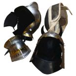 2 re-enactment helmets and a fencing helmet