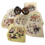 A group of Indian hand painted watercolour silk panels, depicting hunting scenes, and a small