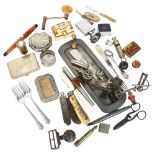 A box of various collectables, including whistles, pens, a Liberty & Company pewter pen tray,
