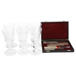 A set of 6 boxed and engraved glass goblets, a boxed set of tuning forks