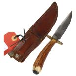 ROWBOTHAM - an Antique horn-handled knife with leather scabbard, length 20cm