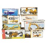 A collection of JCB and various other excavating vehicles diecast models, including JCB 3CX