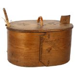 A Vintage Swedish Tine bentwood Folk Art box with pokerwork decoration, length 44cm, box height 22cm