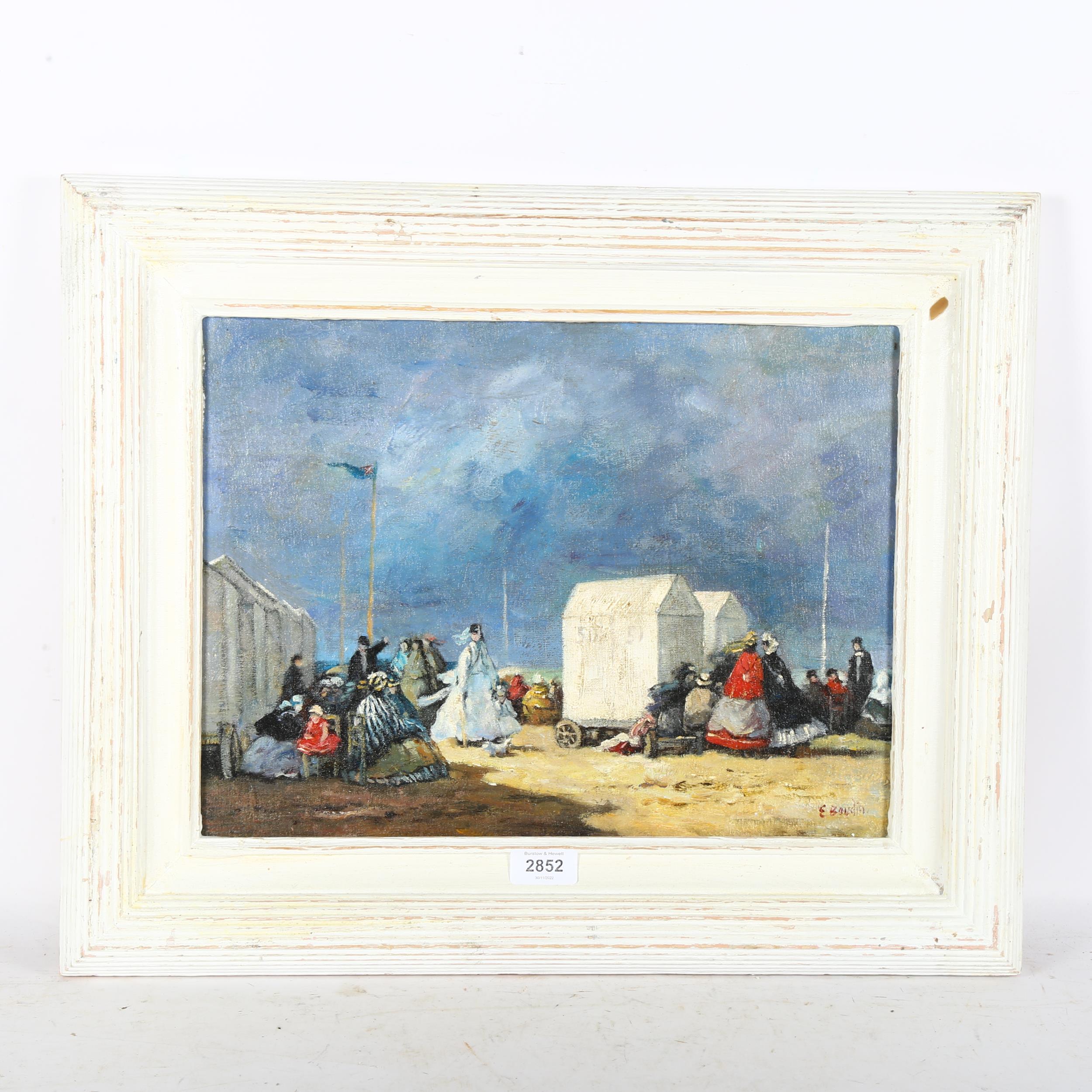 Contemporary oil on board, figures at the seaside, 45cm x 54cm overall, framed