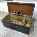 A vintage painted pine tool chest 68cm x 30cm x 32cm, and various hand tools including plane, drills
