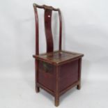 An antique red lacquered Chinese chair with single fitted drawer to base. 45cm x 97cm x 38cm