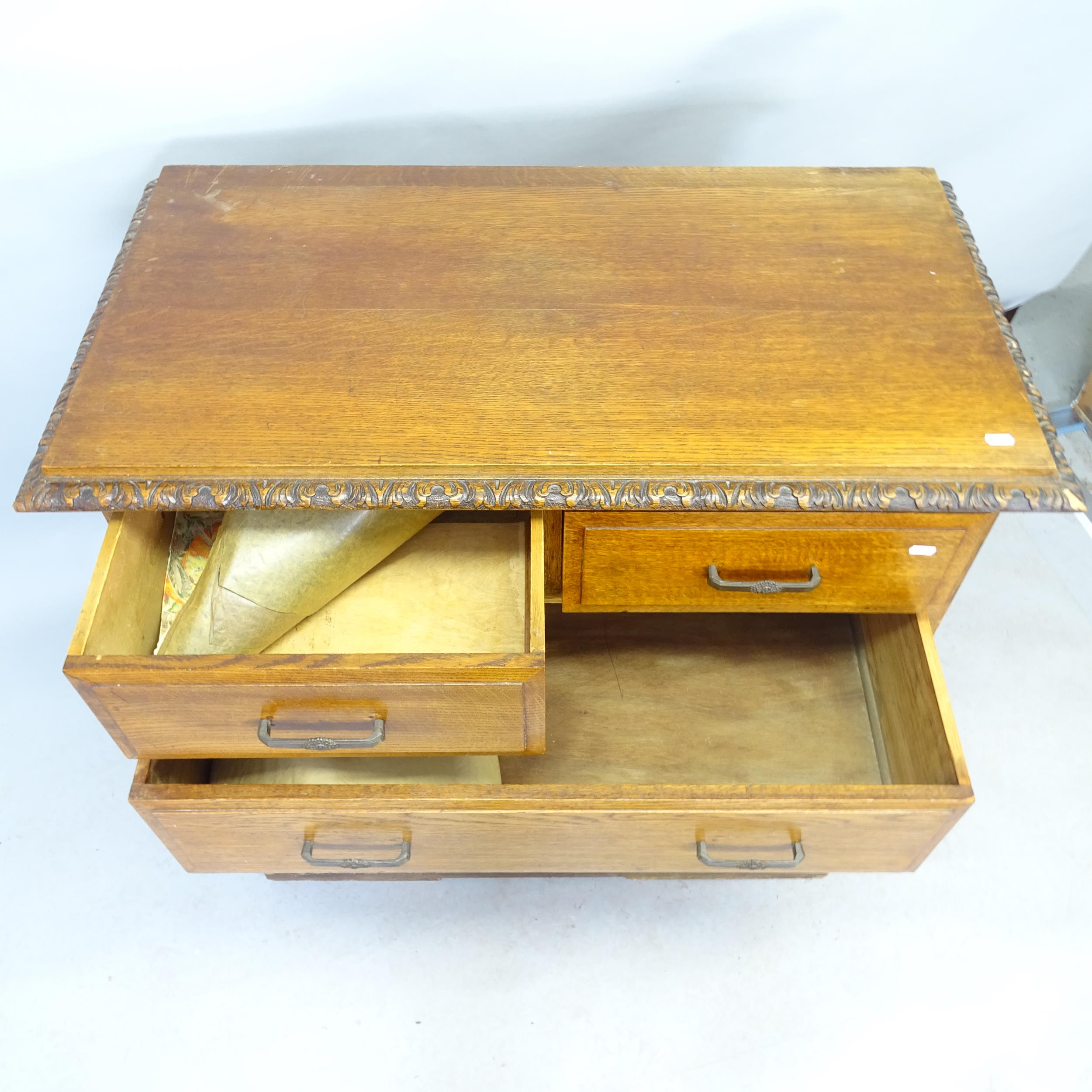 An early 20th century oak chest of 2 short and 3 long drawers, with carved decoration, 98 x 101 x - Image 2 of 2