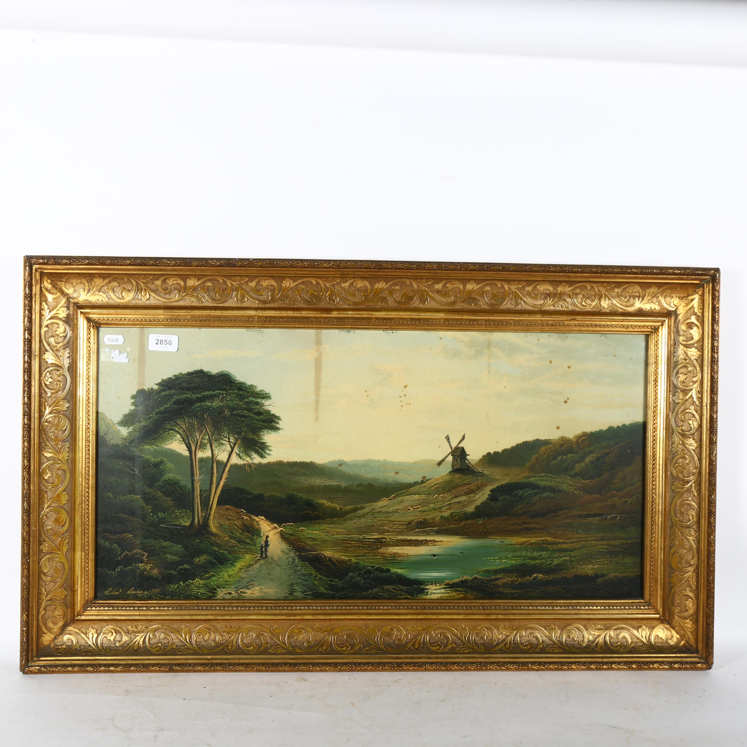 A Victorian oleograph, figures on a country path looking towards a windmill, signed and dated