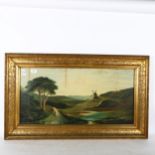 A Victorian oleograph, figures on a country path looking towards a windmill, signed and dated