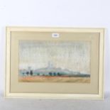 Pastels and charcoal, panoramic view towards a hilltop, signed with monogram bottom right corner,