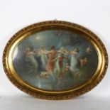 Oval coloured print, dancing nymphs, diameter 83cm, in giltwood frame