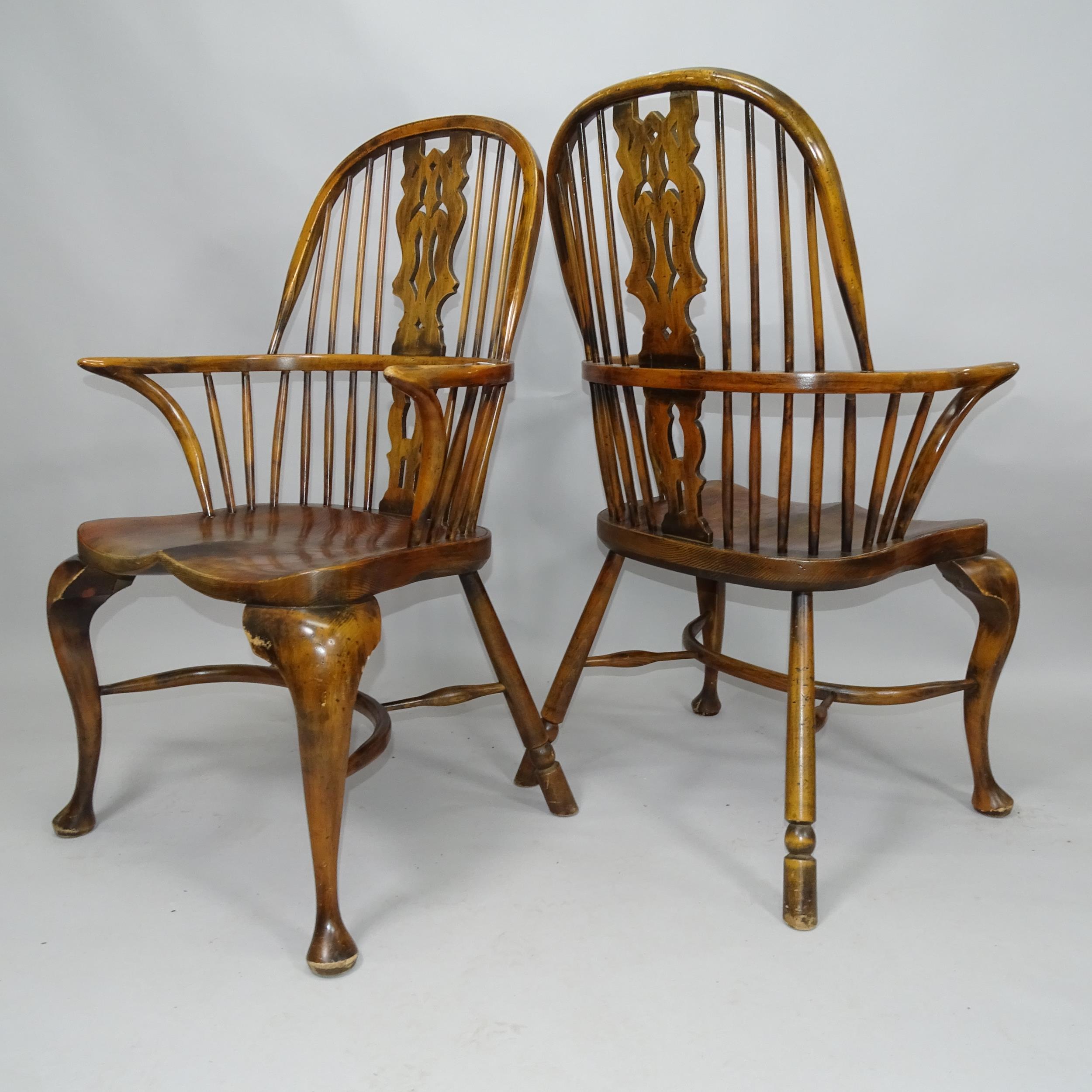 A pair of Windsor double bow arm chairs, with elm seat and crinoline stretcher - Image 2 of 2