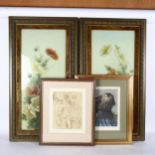 A collection of prints, etchings, woolwork, and a pair of paintings on glass, framed