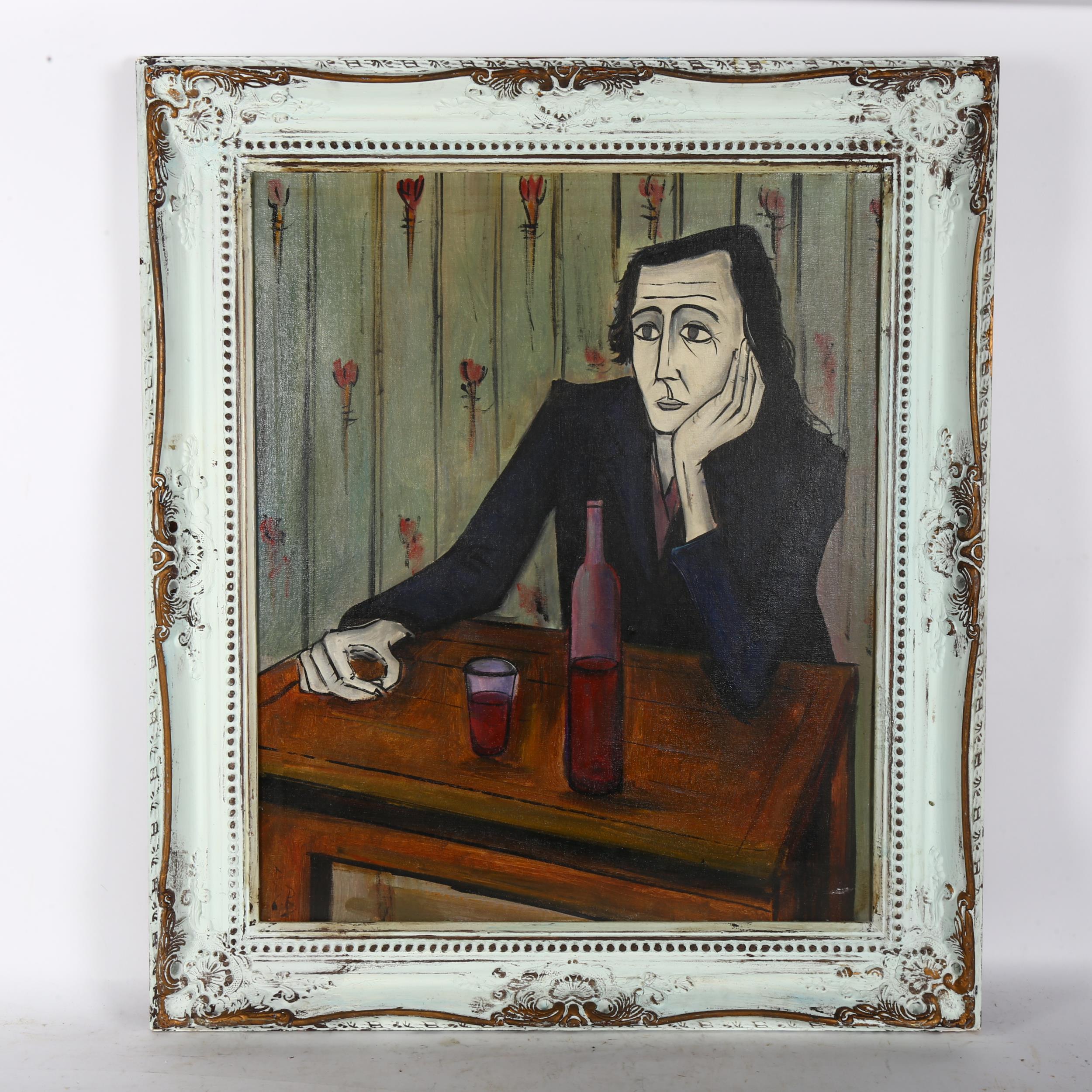 A contemporary oil on board, figure drinking wine, 77cm x 67cm overall, framed