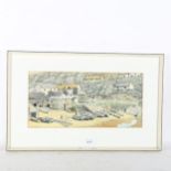 Lithograph, beached fishing boats, image 21cm x 43cm, 37cm x 59cm overall, framed