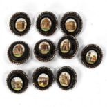 A set of 10 19th century Vatican Workshop micro-mosaic buttons, depicting Roman temples and ruins,