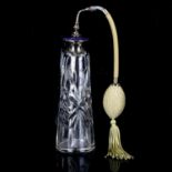 A cut-glass silver and purple enamel atomiser perfume bottle, height to enamel top 17cm