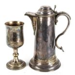 A large Victorian electroplate lidded flagon, height 30cm, and a Victorian plated goblet (2)