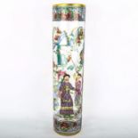A large Chinese clear glass cylinder vase, with hand painted figures in gardens and gilded rim,