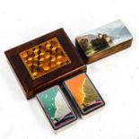A Tunbridge Ware playing card box, with cube parquetry decorated lid, 10.5cm x 8.5cm, containing 2