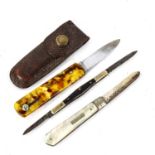 A small Victorian silver and mother-of-pearl handled pocket knife, in leather case, a Victorian 2-