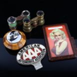 A group lot, including American AAA motoring badge, a mid-20th century photo frame, a table lighter,