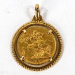 Queen Victoria 1891 gold sovereign in 9ct gold pendant mount, gross weight 11.9g