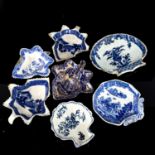 An 18th century blue and white tin glazed shell-shaped dish, width 16cm, and 6 other 18th century