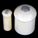 A 19th century cylindrical ivory pot with domed cover, height 10cm, diameter 8cm, together with a