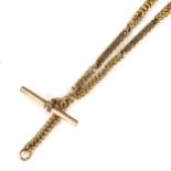 An early 20th century 9ct gold fancy link double Albert chain necklace, with unmarked T-bar and 2