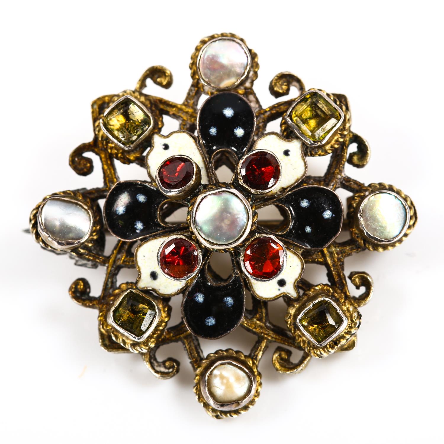 An Austro-Hungarian enamel and stone set brooch, with blister pearl accents, brooch length 30.9mm,