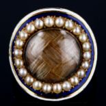 A Georgian rose gold enamel and pearl memorial ring, central lattice woven hair panel beneath convex