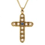 A 14ct gold sapphire and pearl cross pendant necklace, on 9ct fine curb link chain, pendant height