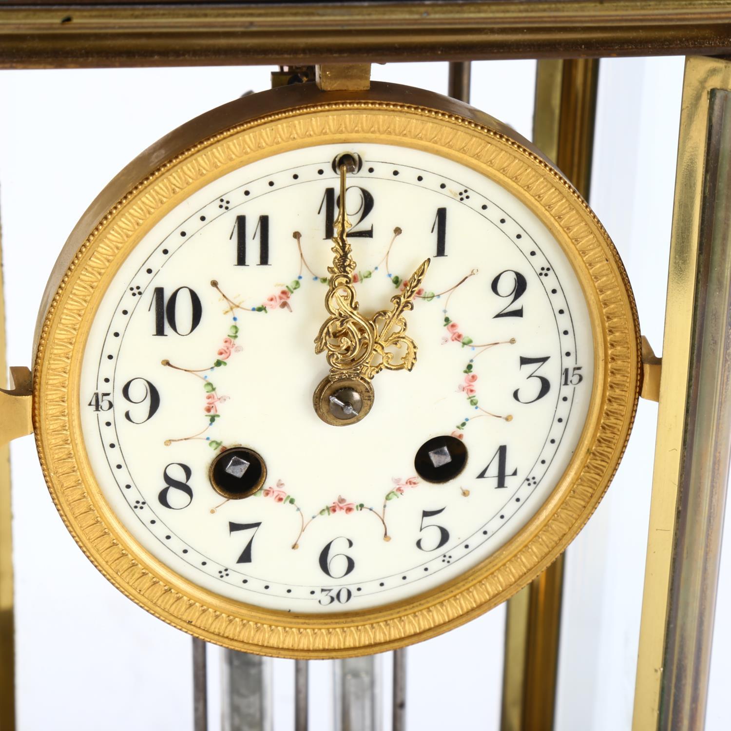 An early 20th century brass 4-glass 8-day mantel clock, hand painted white enamel dial with Arabic - Image 3 of 10