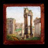 A Grand Tour Temple of Vespasian ruin micro-mosaic panel, 19th century, set in gold stone