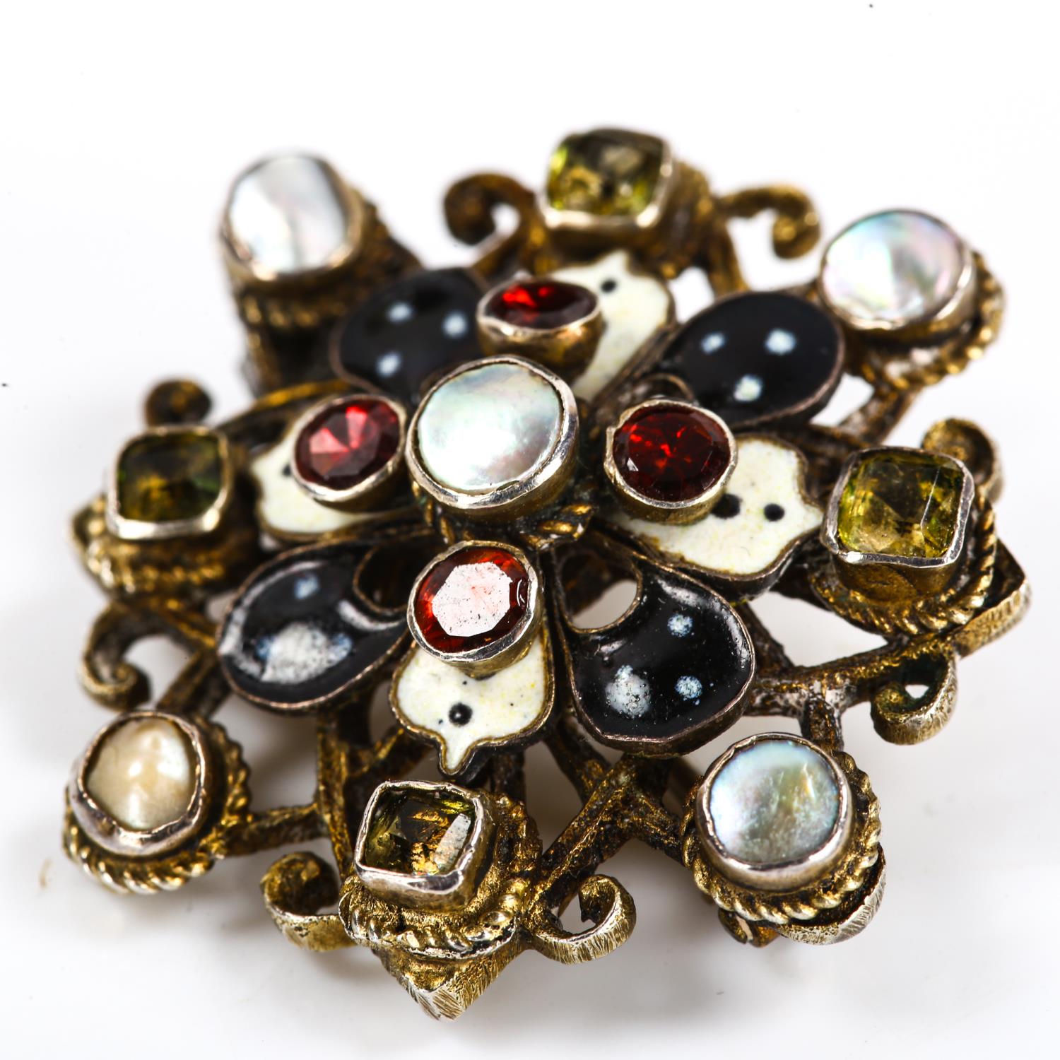 An Austro-Hungarian enamel and stone set brooch, with blister pearl accents, brooch length 30.9mm, - Image 3 of 5