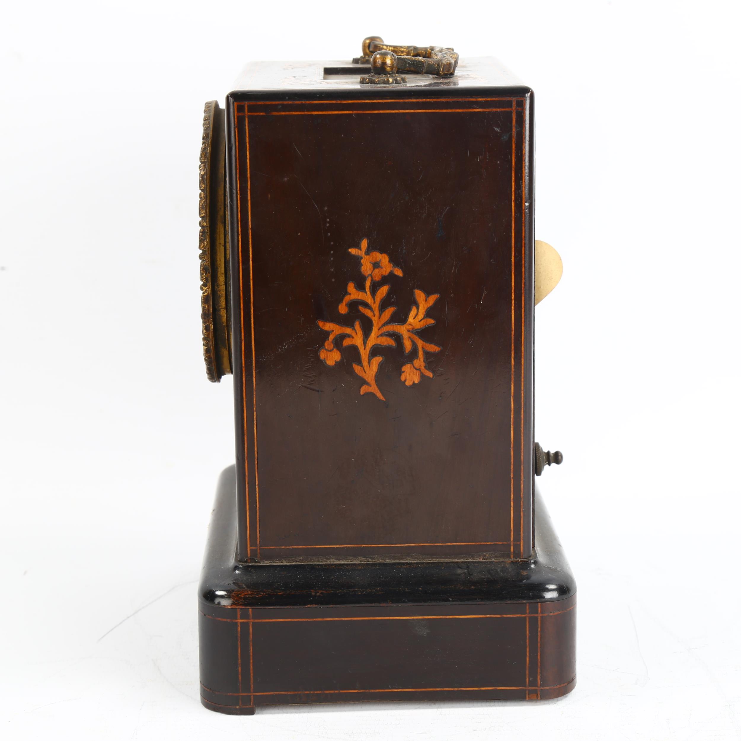 An early 20th century French ebonised and inlaid 8-day mantel clock, white enamel dial with Roman - Image 3 of 10