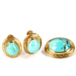 A Continental turquoise matrix demi-parure, comprising brooch and pair of screw-back earrings,