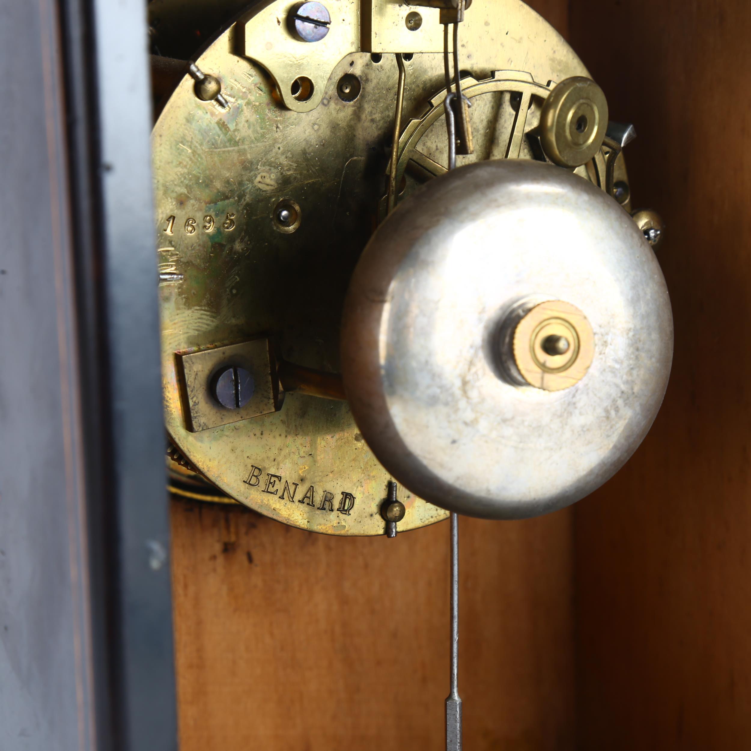 An early 20th century French ebonised and inlaid 8-day mantel clock, white enamel dial with Roman - Image 7 of 10