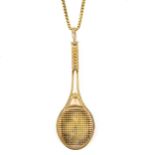 An Italian 9ct gold novelty tennis racquet pendant necklace, on 18ct box link chain, pendant