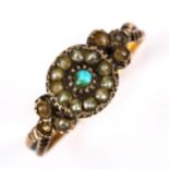 A Georgian turquoise and pearl cluster ring, unmarked gold settings with feathered shoulders,