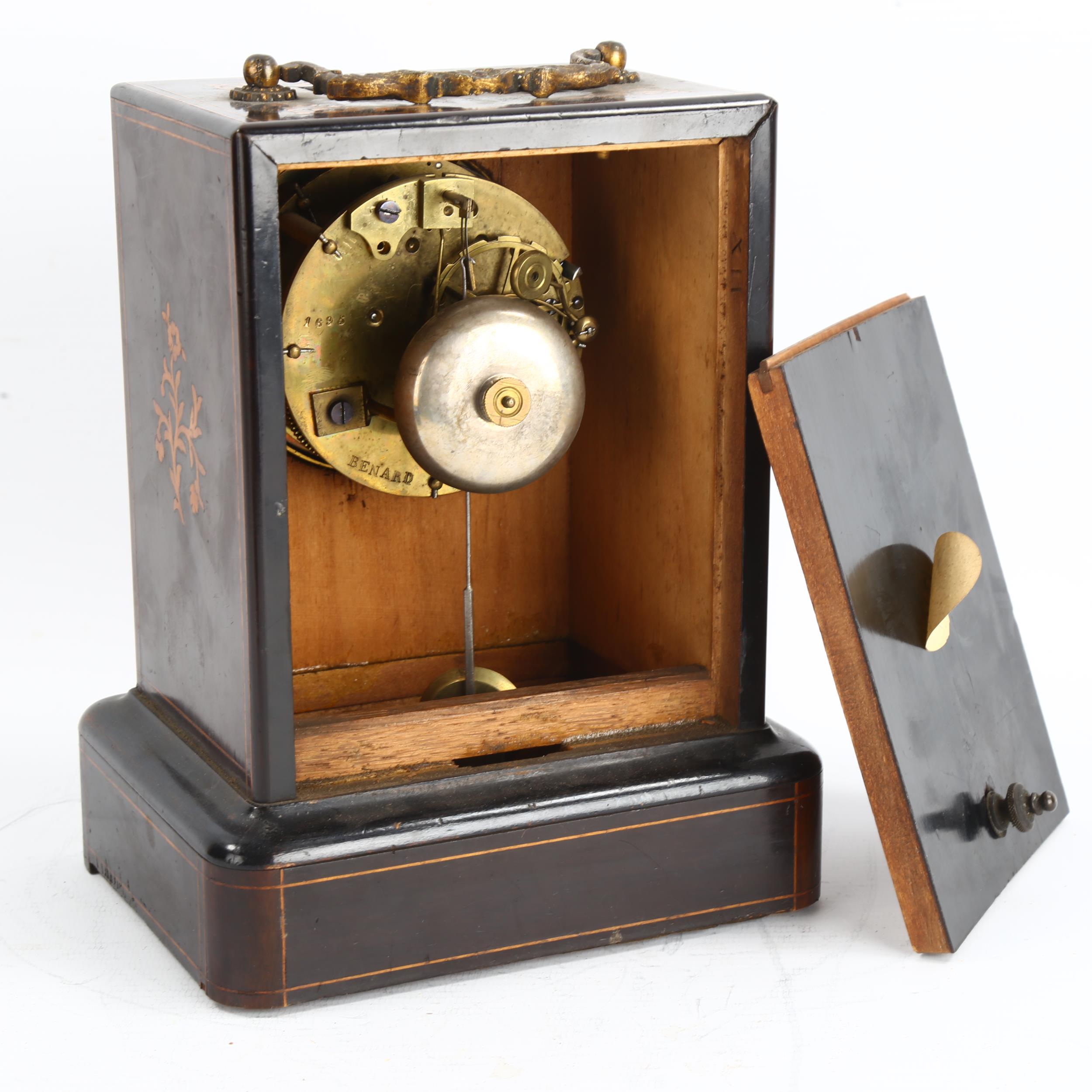 An early 20th century French ebonised and inlaid 8-day mantel clock, white enamel dial with Roman - Image 6 of 10