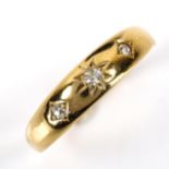 A late 19th century 18ct gold 3-stone diamond gypsy ring, set with old-cut diamonds, total diamond