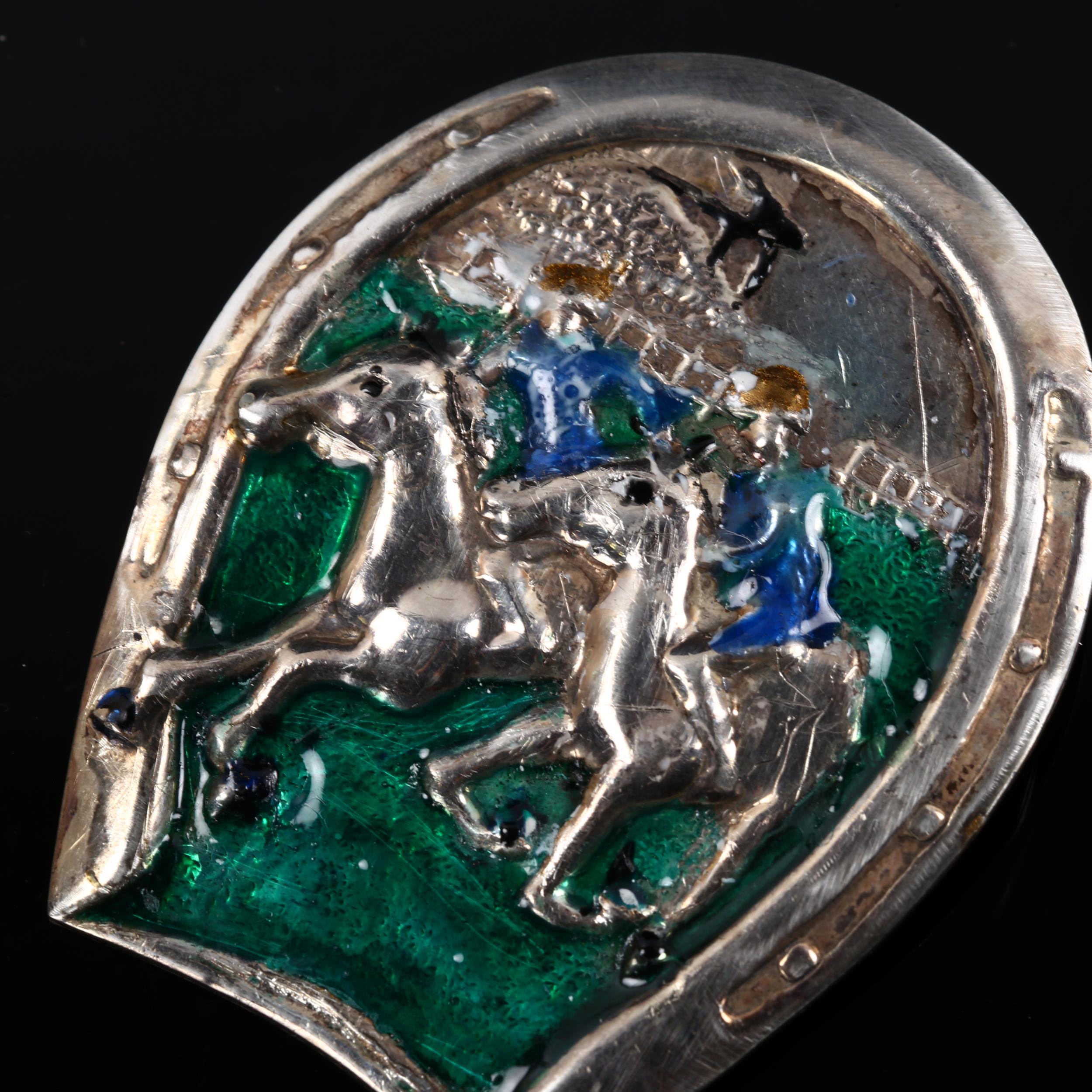 A large Continental sterling silver and enamel horse racing brooch, height 61.2mm, 23.4g A few minor - Image 2 of 4